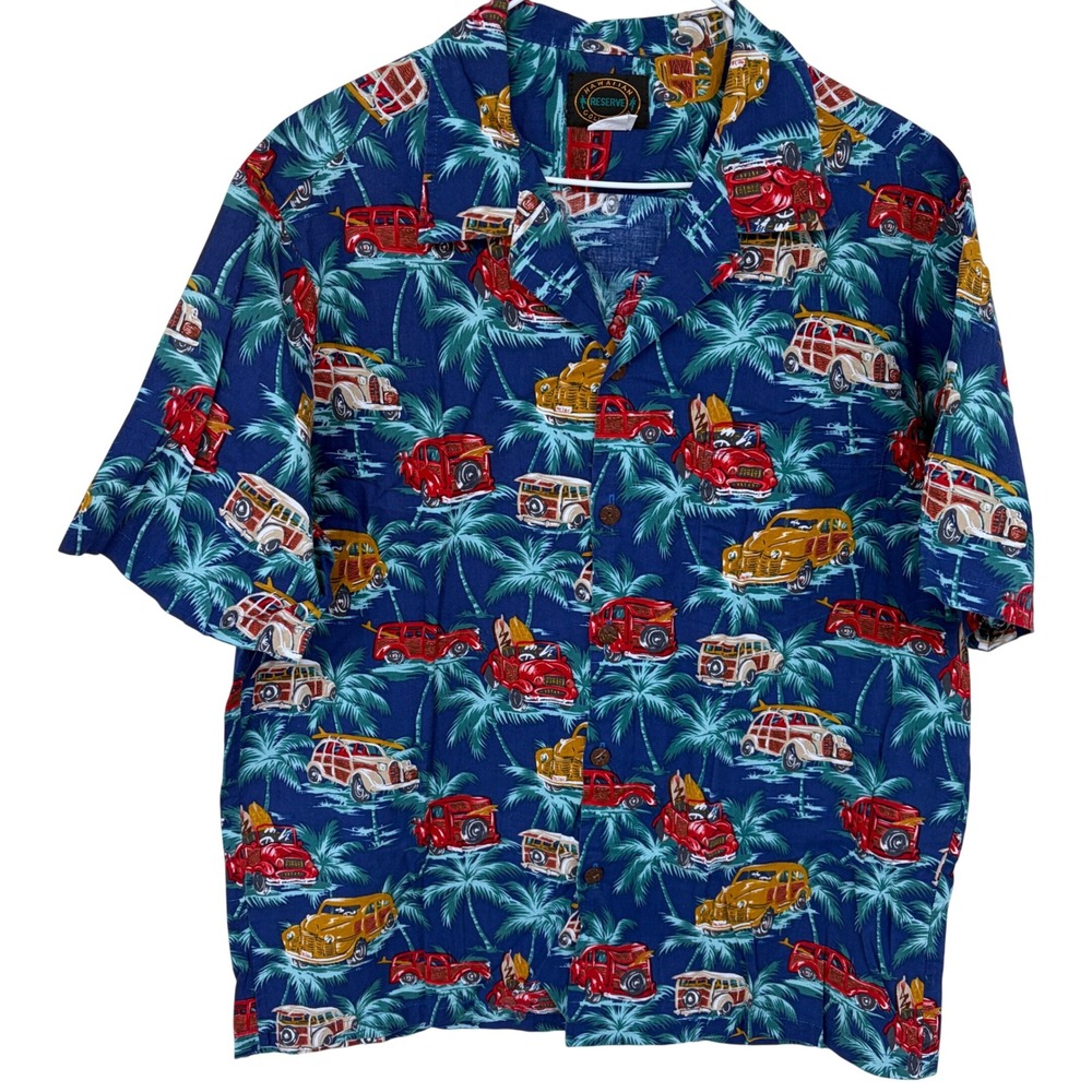 Vintage Hawaiian Reserve Collection Camp Collar Shirt Large Blue Cars Palm Trees